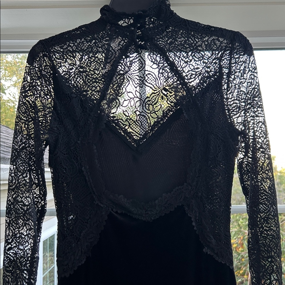 Anthropologie Long-Sleeve Mock-Neck Lace Velvet Midi Slip Dress Evening XS NWT - Picture 10 of 15